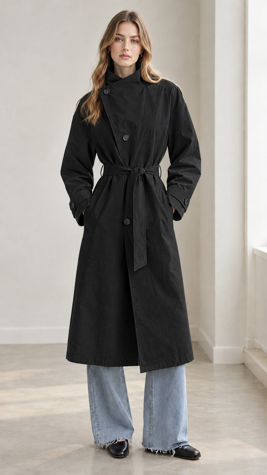 Front view of woman wearing black high-neck belted trench coat