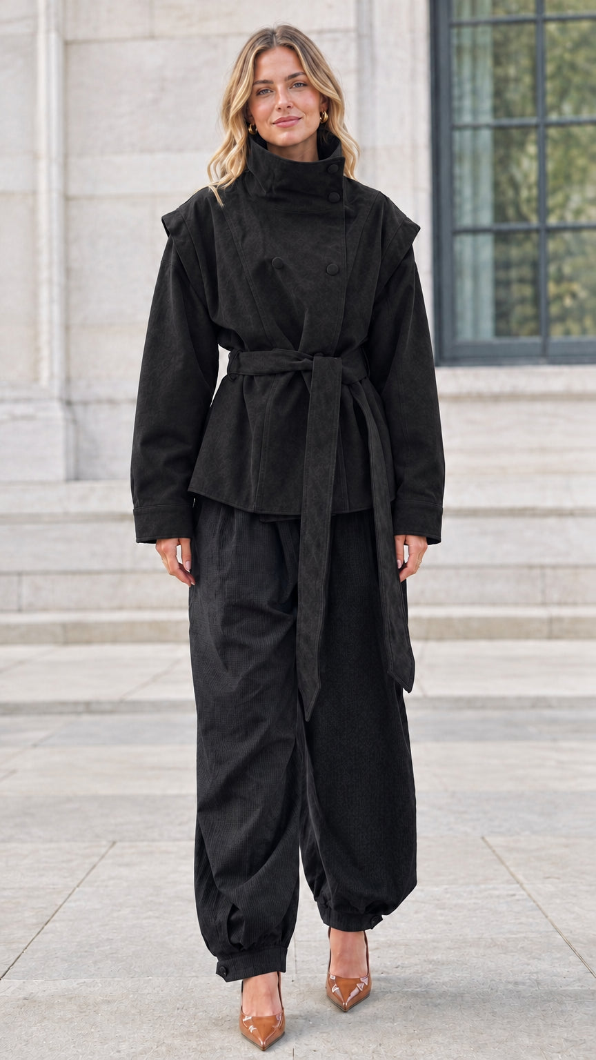 Full-length view of woman wearing black stand collar belted utility jacket