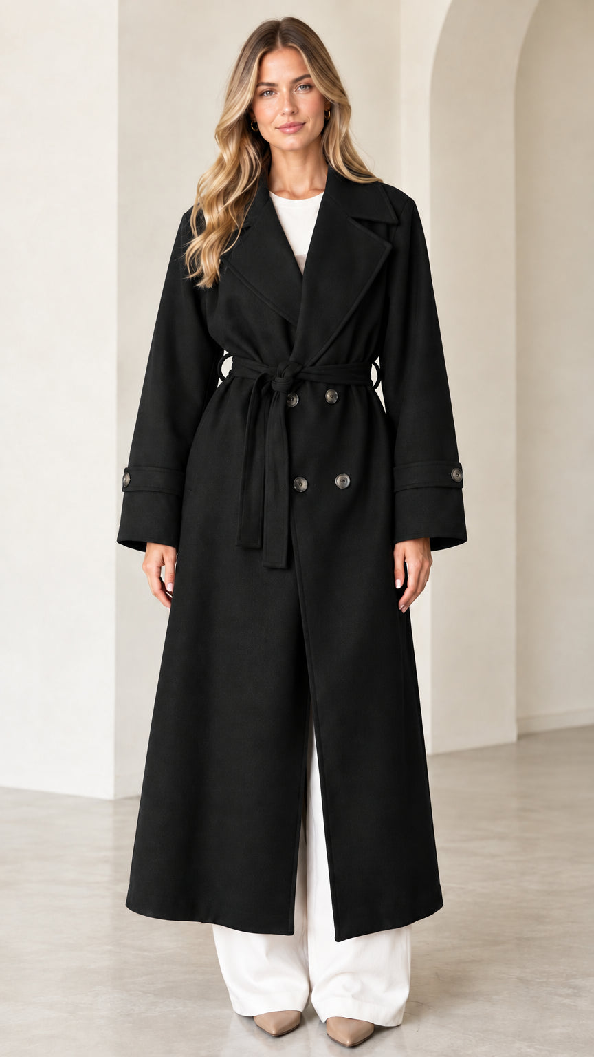 Front view of model wearing black double-breasted longline trench coat