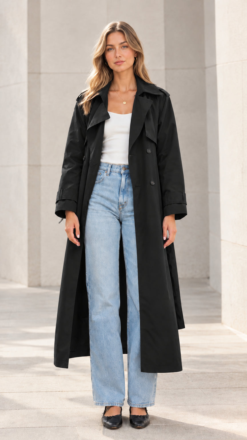 Front view of model wearing the long black trench coat styled with white top and jeans