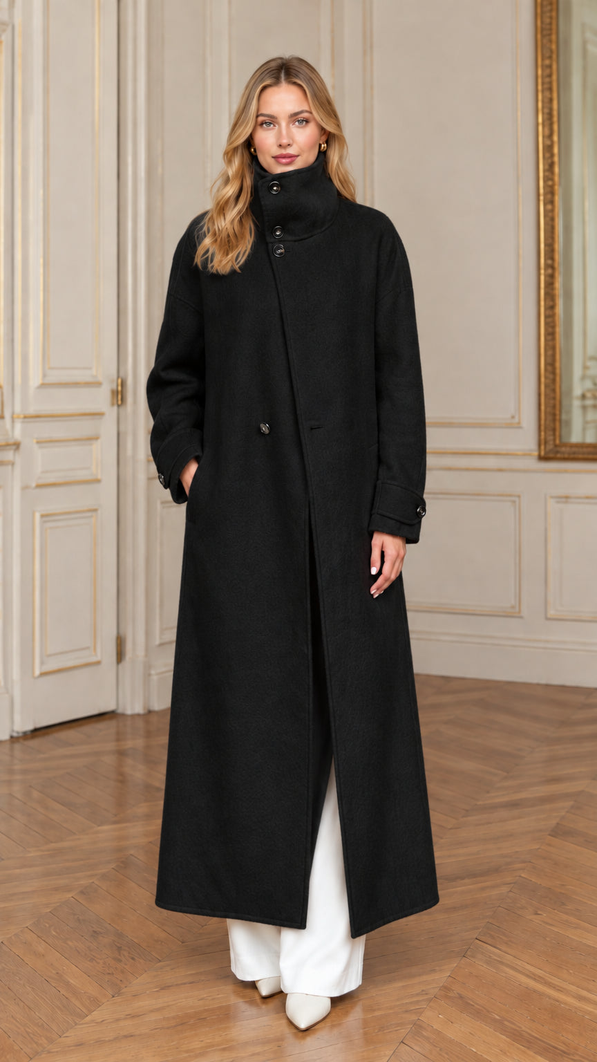 Front view of the full-length stand collar maxi overcoat in classic black