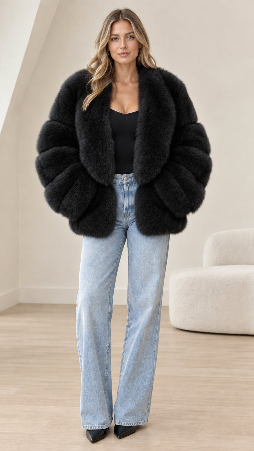 Front view of model wearing black plush faux fur paneled jacket with shawl collar