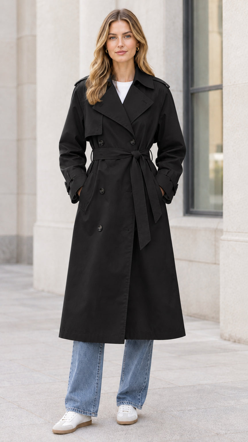 Front full-length view of woman wearing black double-breasted long trench coat
