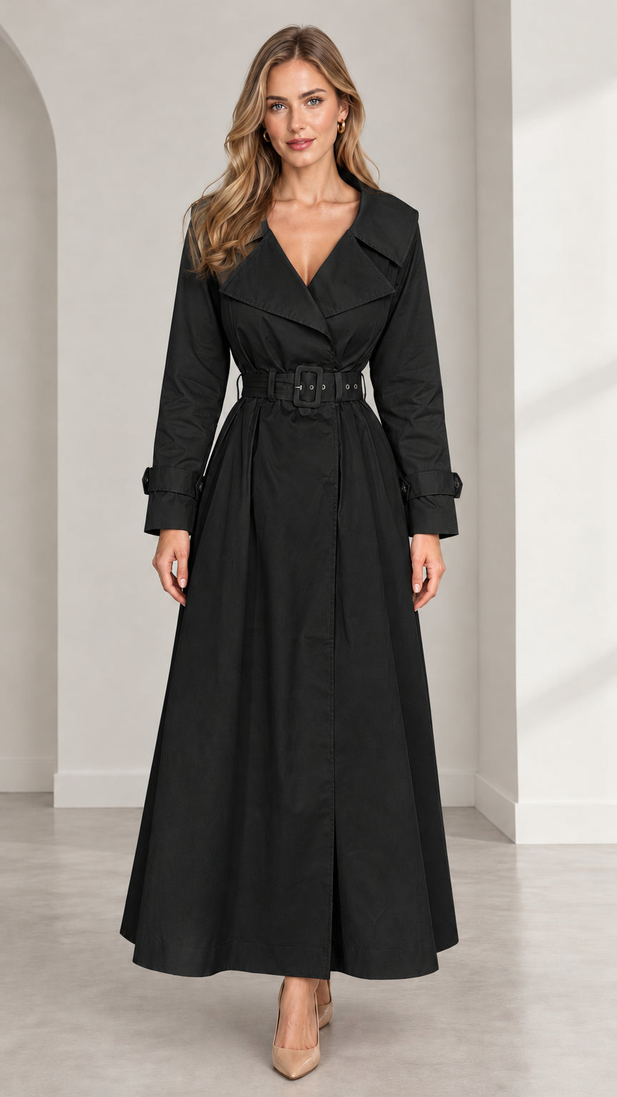 Full front view of women's black maxi belted trench coat