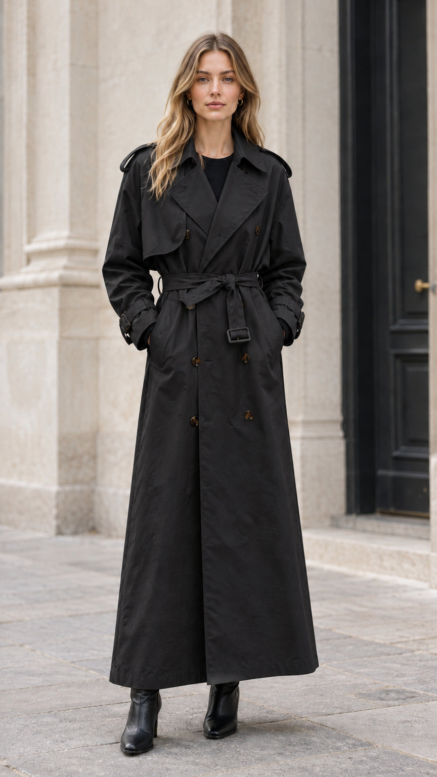 Front view of woman wearing full-length black double-breasted maxi trench coat