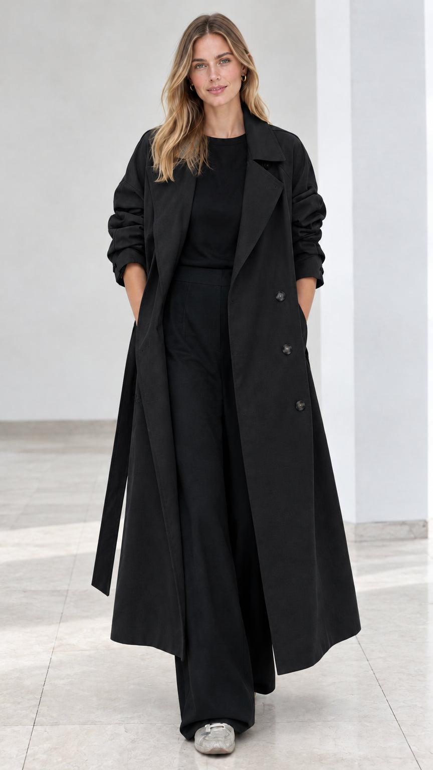 Front view of model wearing black double breasted long trench coat