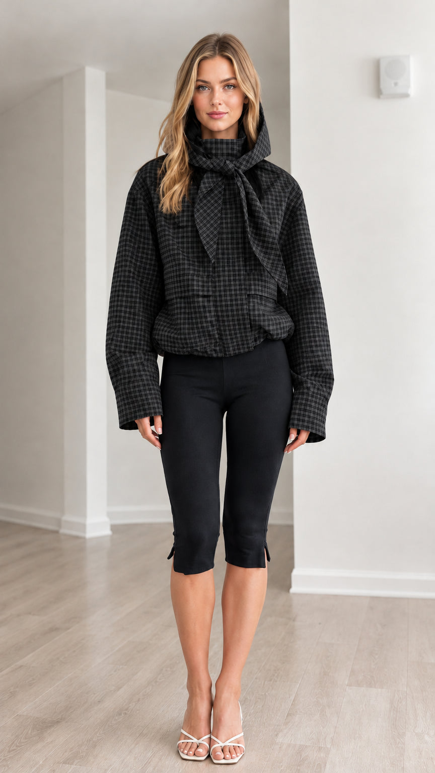 Front view of model wearing charcoal black plaid hooded tie-neck jacket