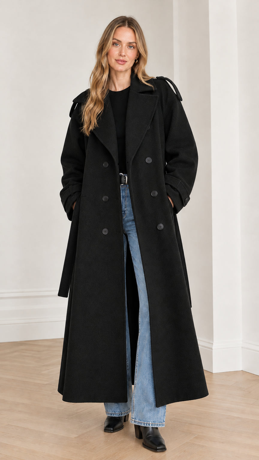 Front view of woman wearing black double-breasted maxi trench coat over black top and jeans