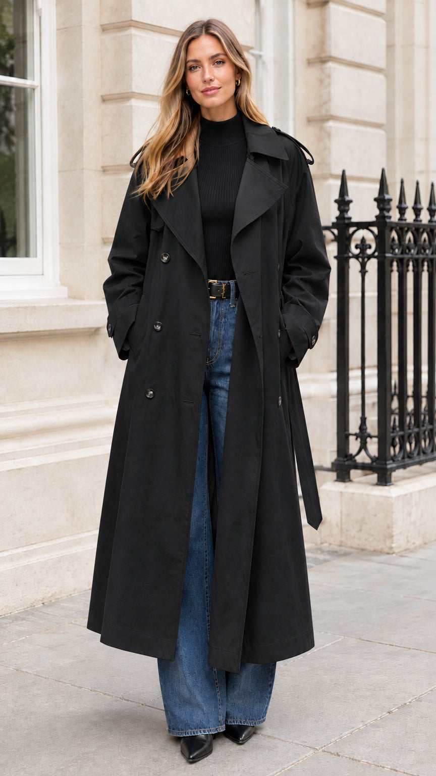 Full-length view of a woman wearing a black double-breasted longline trench coat