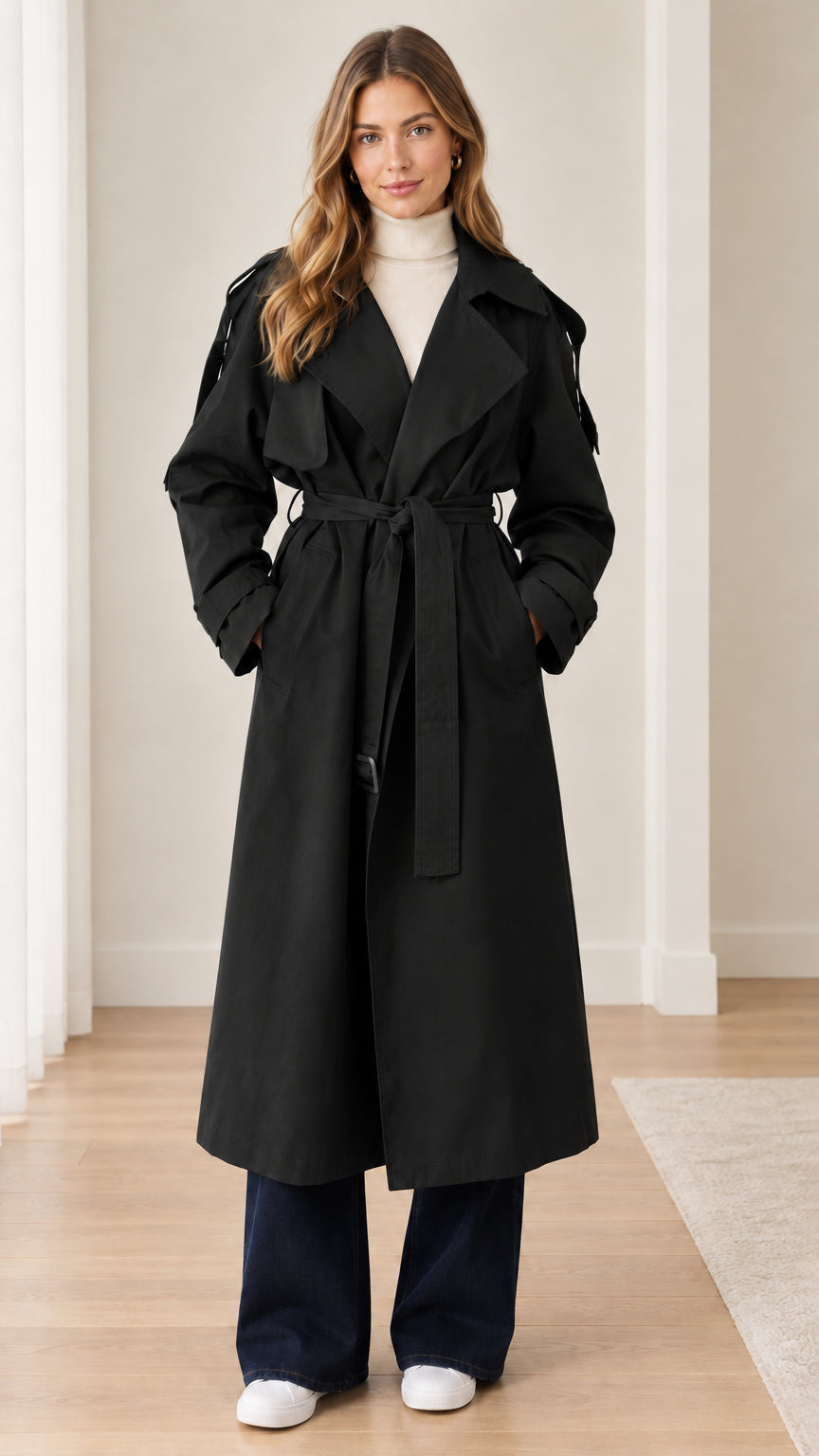 Front view of model wearing classic black longline belted trench coat