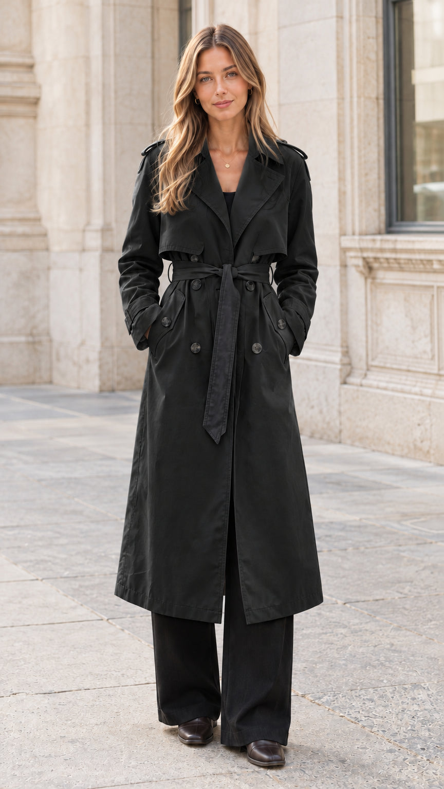 Front view of a woman wearing a classic black double-breasted long belted trench coat