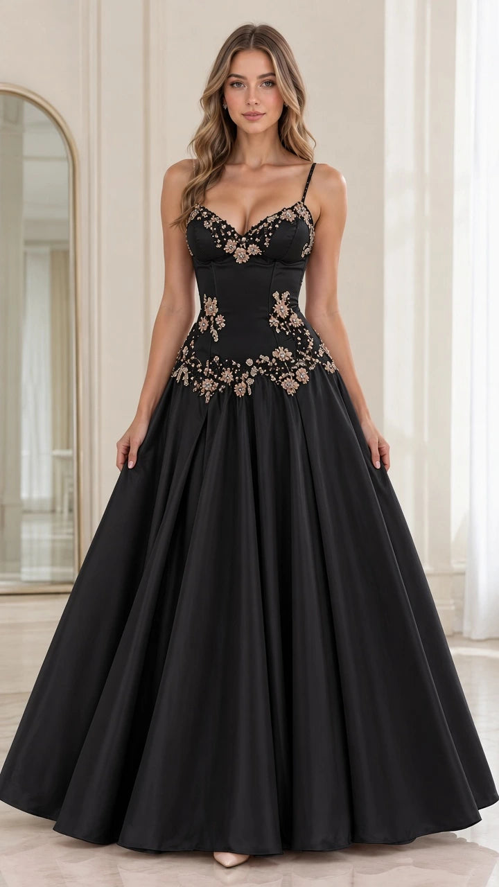 Model wearing Black sweetheart corset evening ball gown with gold floral embroidery