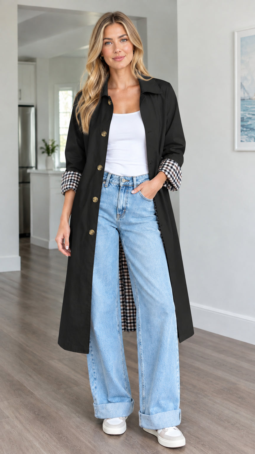 Front view of woman wearing black long plaid-lined trench coat over white top and jeans