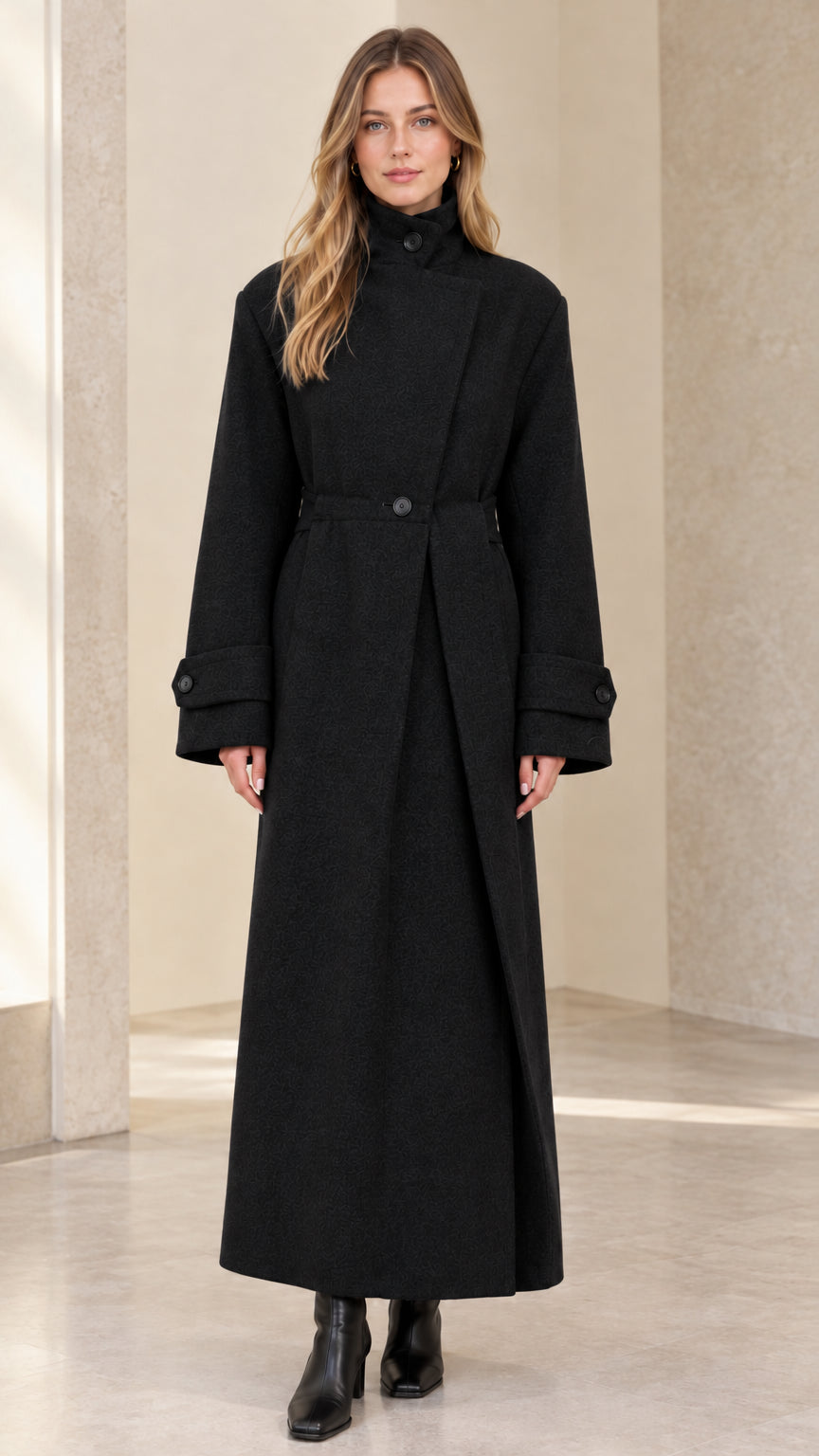 Front full-length view of model wearing black asymmetric stand collar belted maxi coat