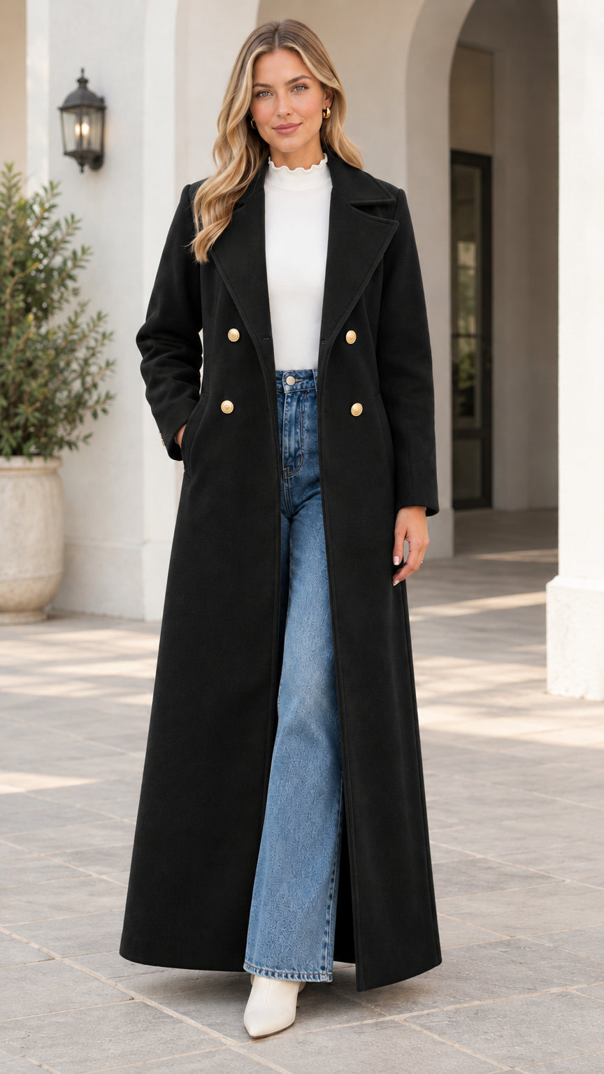 Front view of model wearing the double-breasted floor-length maxi coat in black