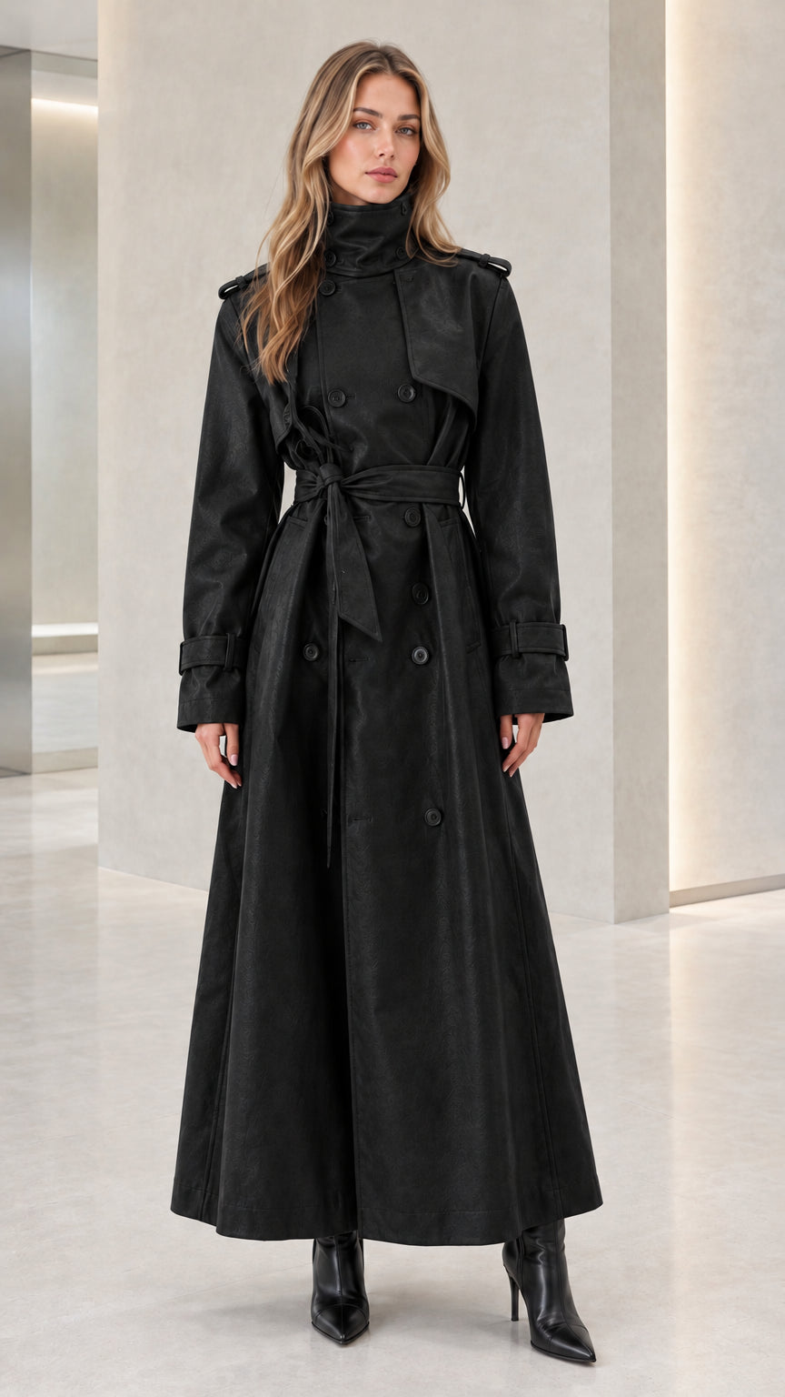Full-length view of women's black double-breasted maxi trench coat