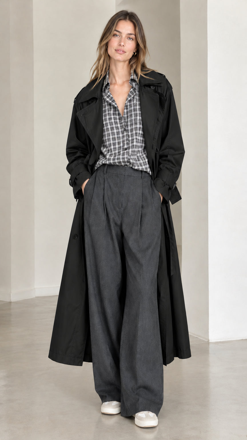 Model wearing long black belted trench coat over plaid shirt and wide-leg trousers