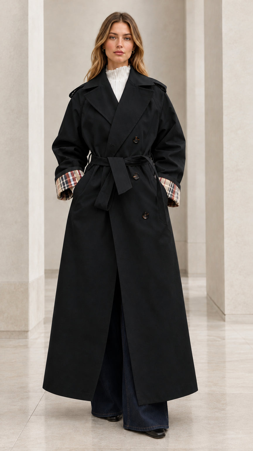 Front full-length view of woman wearing black double-breasted maxi trench coat