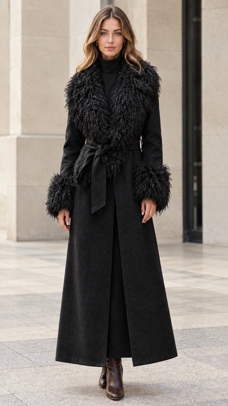 Full front view of model wearing black faux fur trim maxi coat