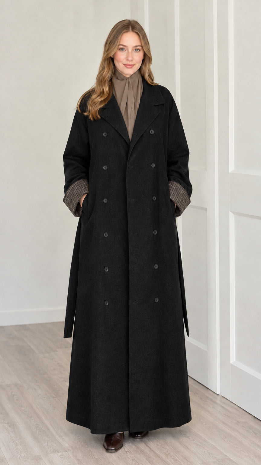 Front view of woman wearing black double-breasted maxi longline coat with plaid cuffs