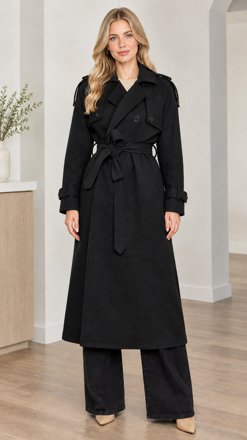 Front full-length view of woman wearing black double-breasted long trench coat with tie belt