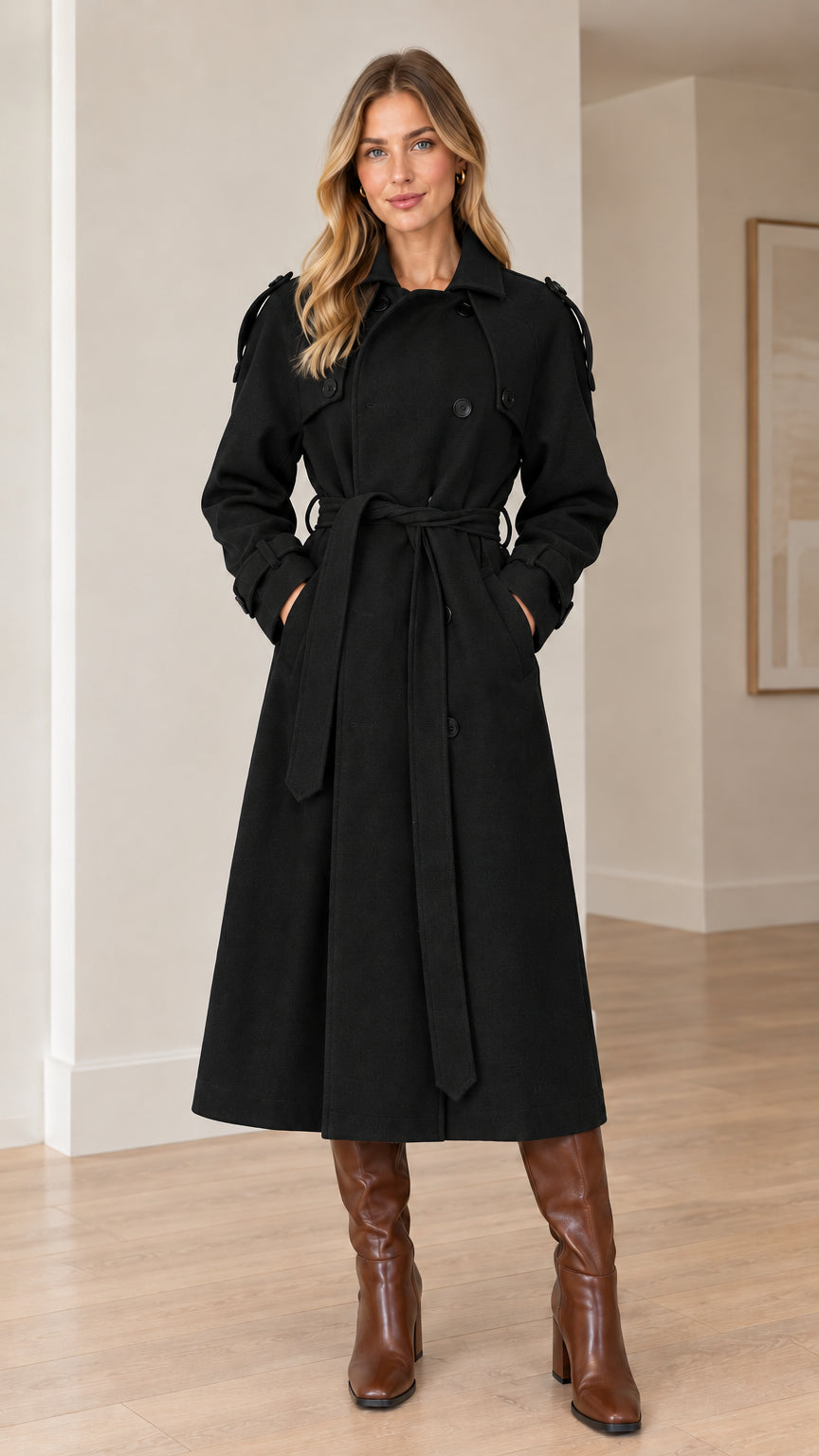 Front view of model wearing black double-breasted long trench coat