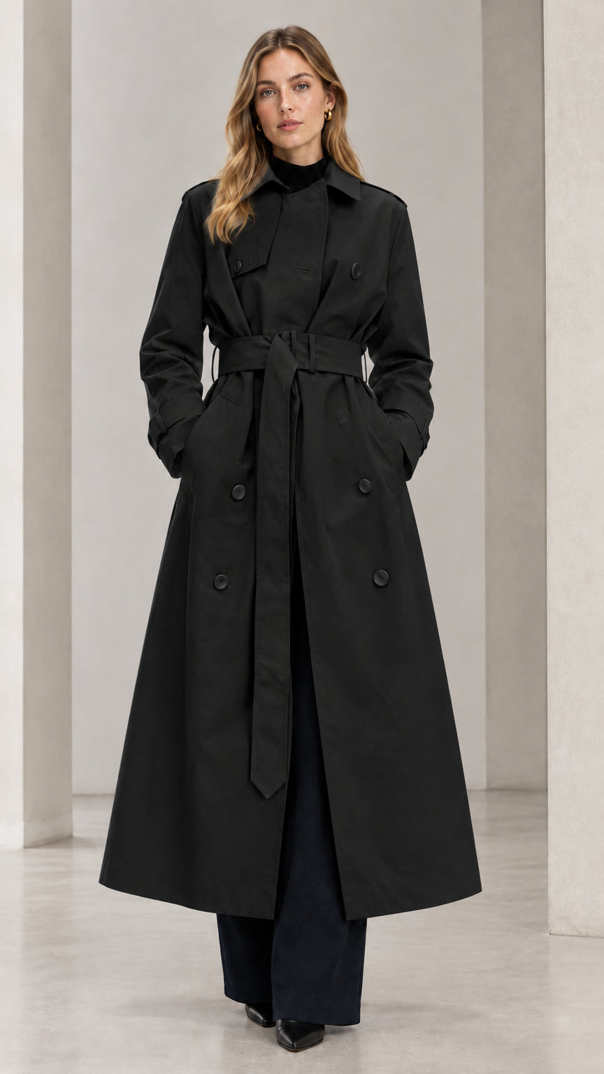 Front view of woman wearing Black double-breasted maxi trench coat