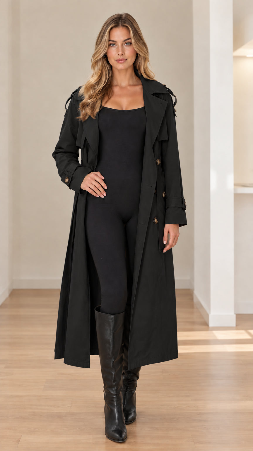 Front full-length view of woman wearing black double-breasted long trench coat