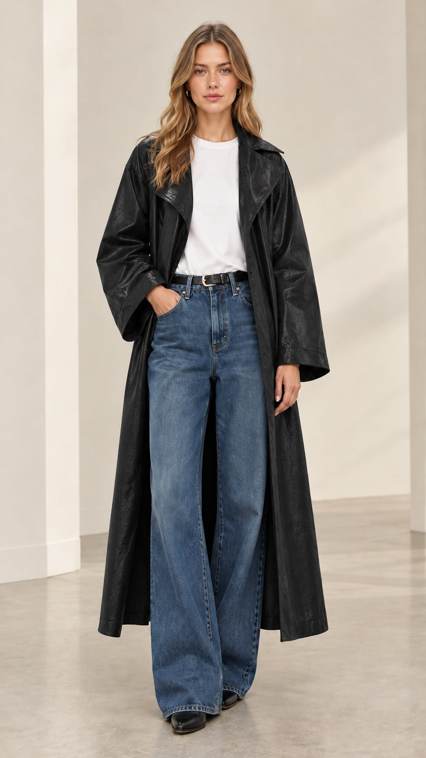 Front view of black glossy textured long belted trench coat