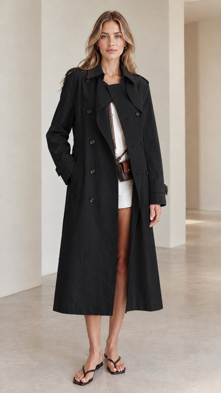 Front view of woman wearing black double-breasted long trench coat