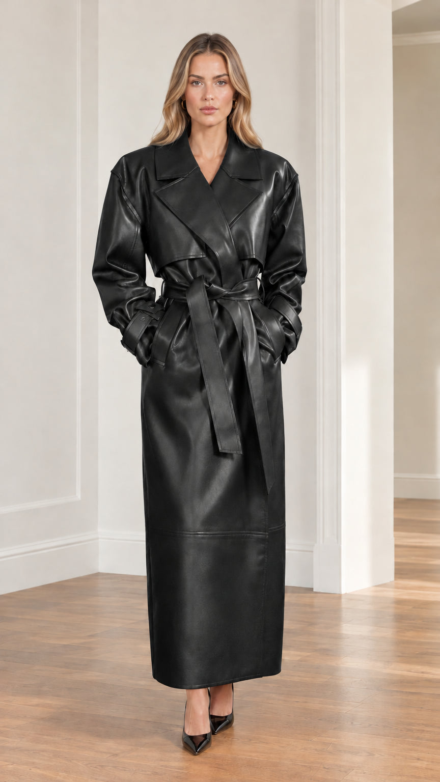 Model wearing black faux leather maxi trench coat with belted waist