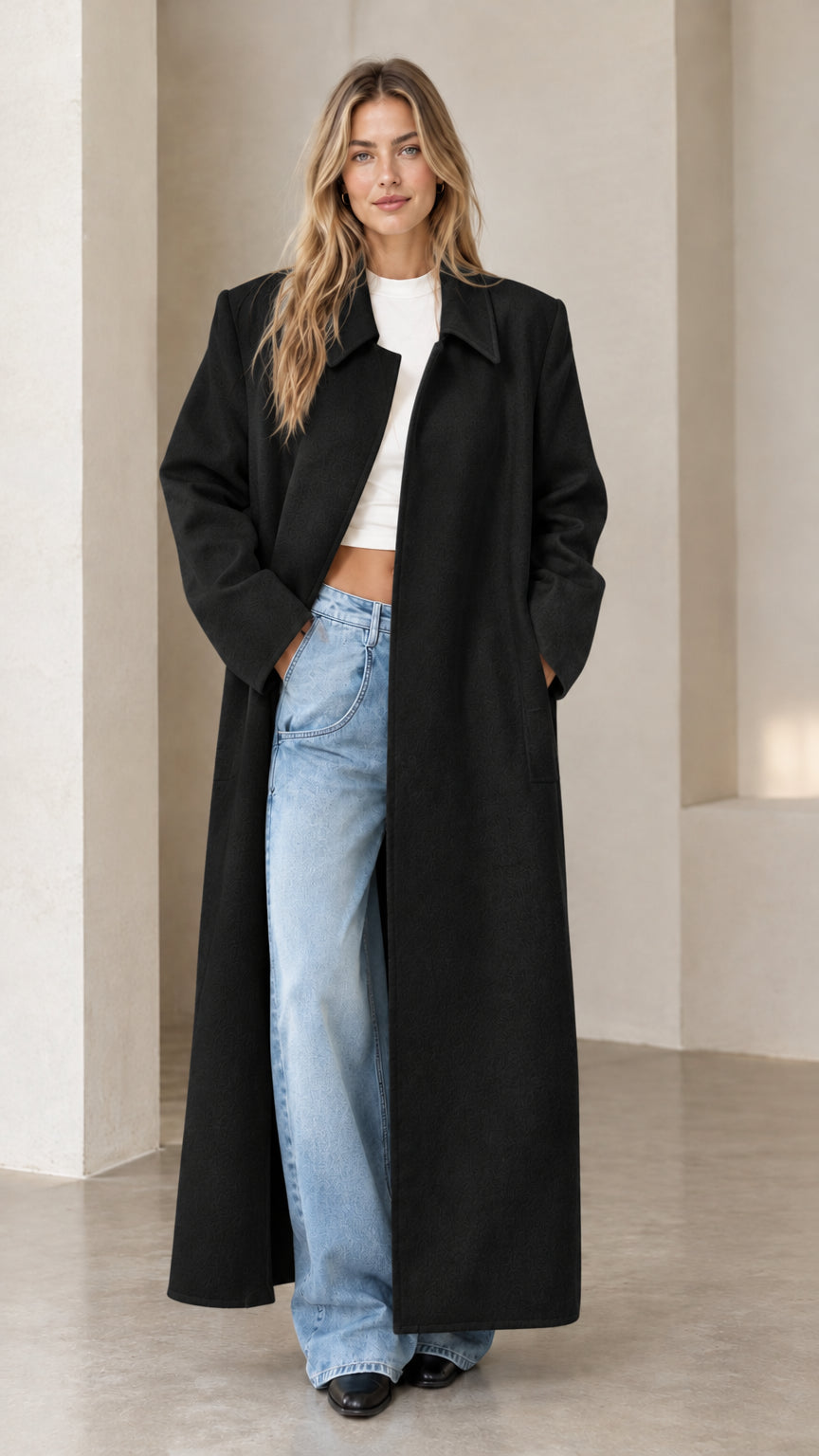 Full-length front view of a model wearing the tailored black maxi overcoat