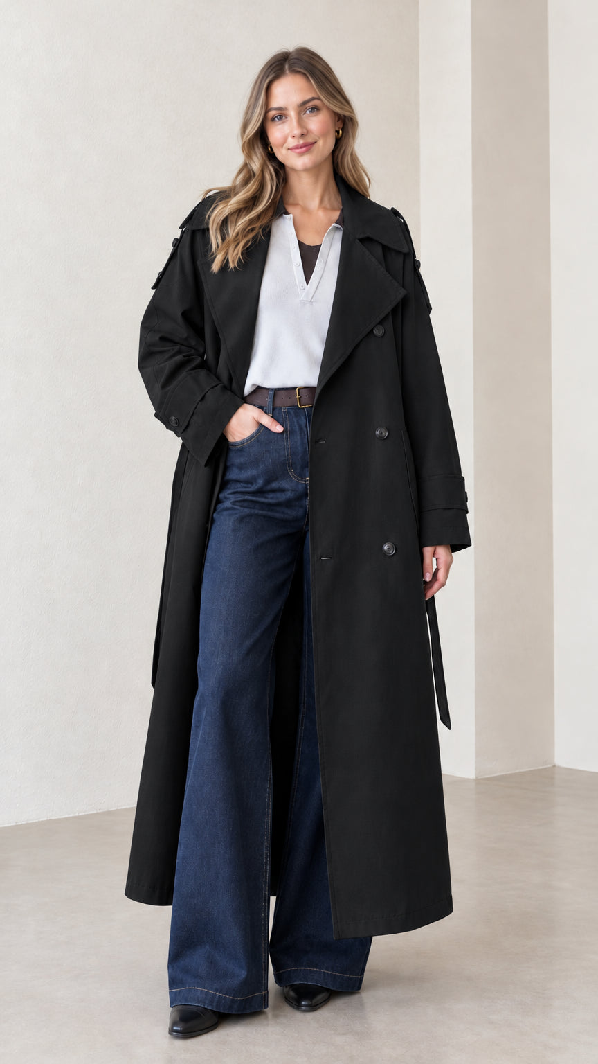Woman wearing classic black full-length double-breasted trench coat layered over casual outfit