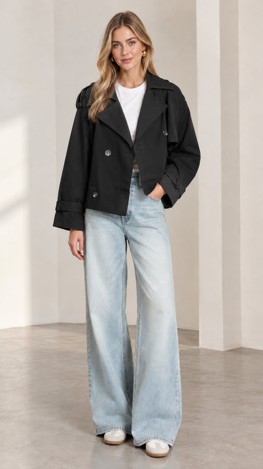 Front full-length view of model wearing black cropped trench jacket with wide-leg denim
