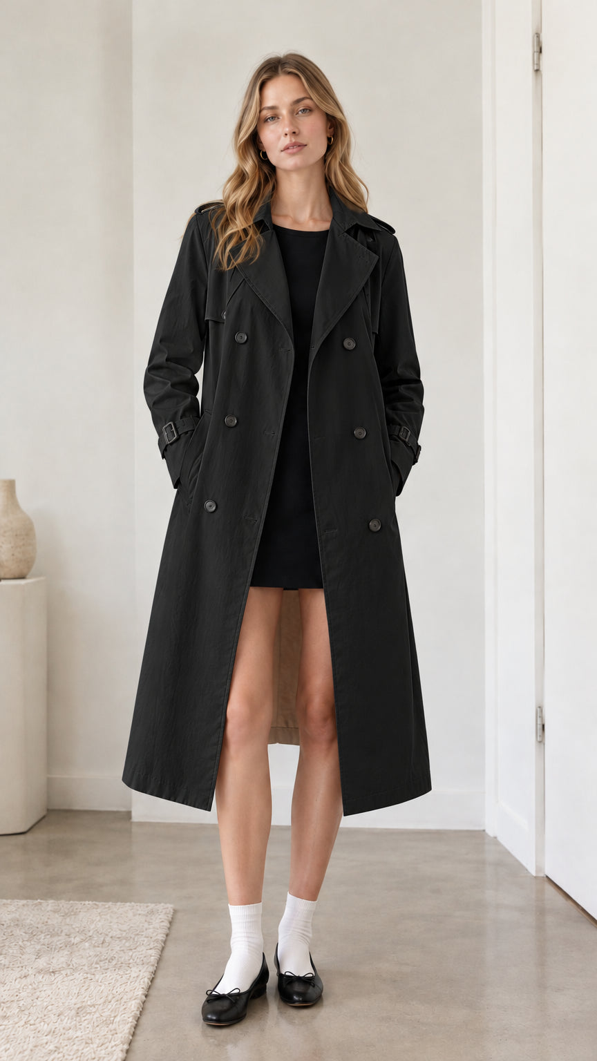 Full front view of model wearing classic black double-breasted trench coat