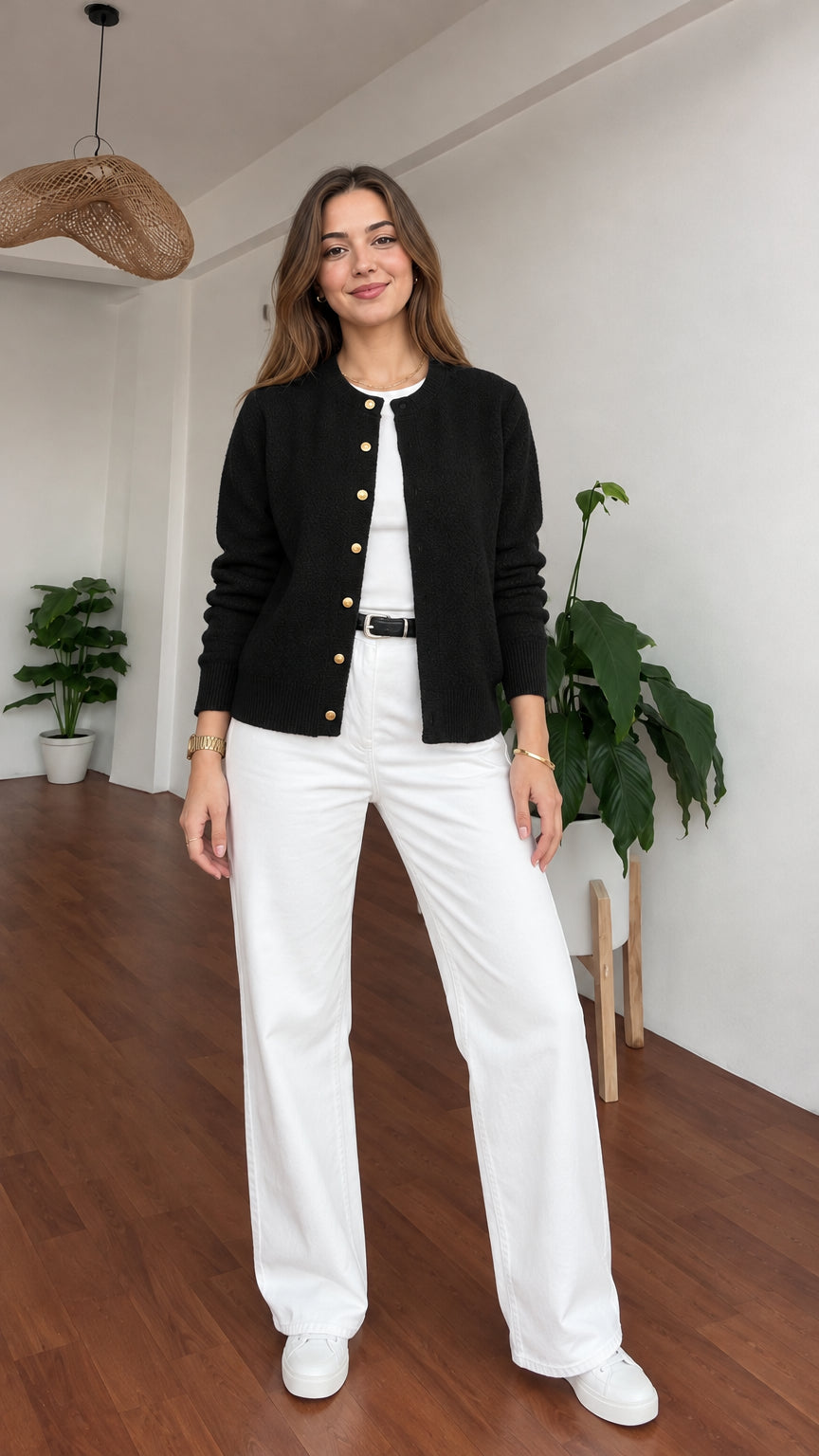 Model wearing black crewneck button-front cardigan sweater with gold buttons