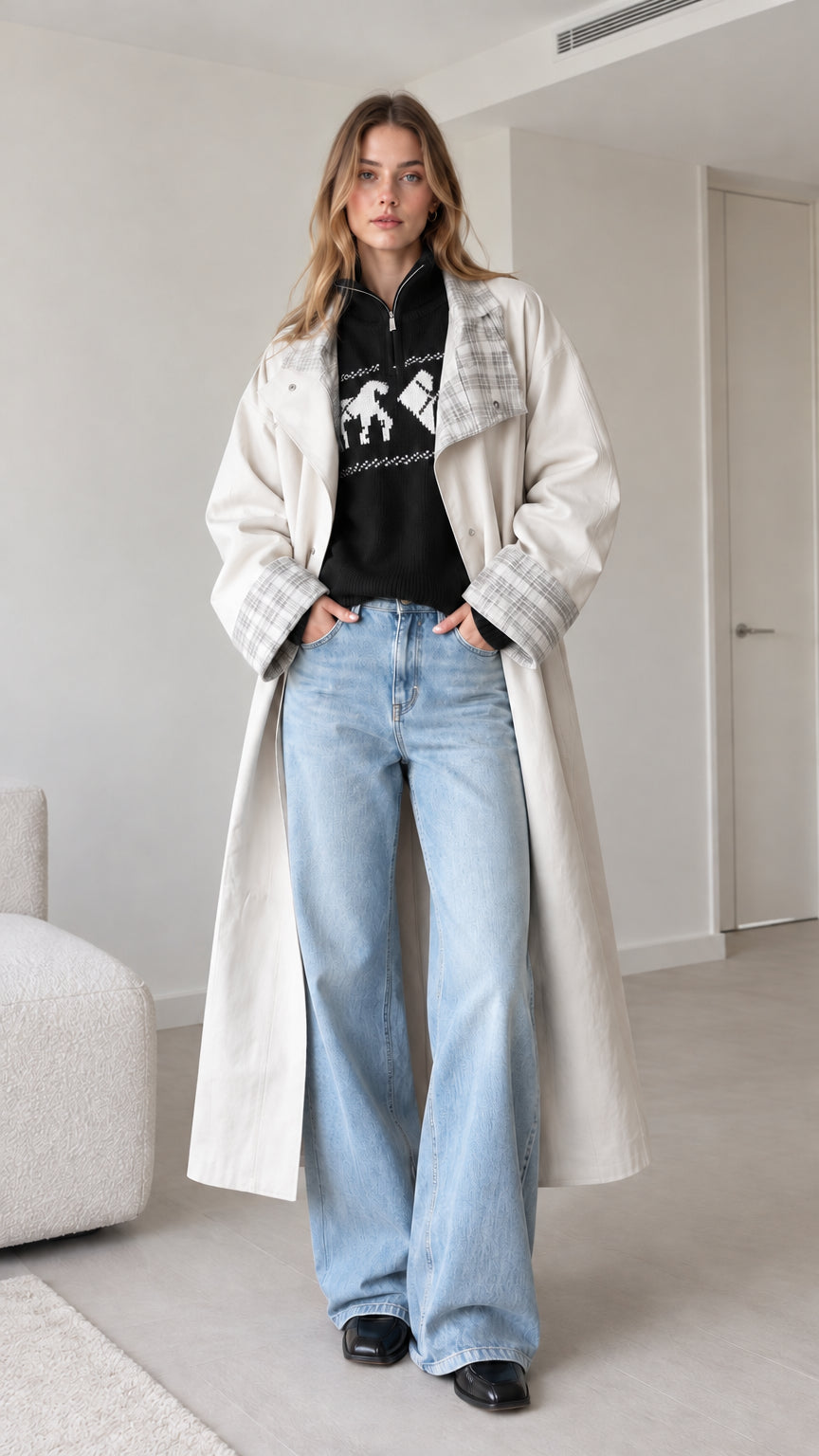 Front view of off-white long trench coat layered over a black sweater and light blue jeans