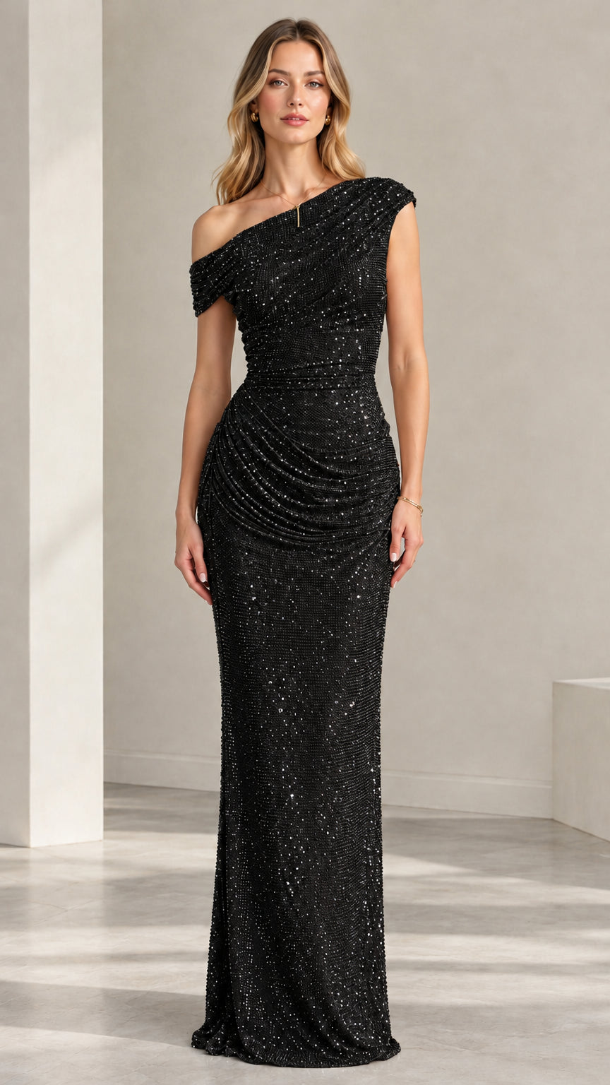 Full-length front view of black one-shoulder sequin formal maxi evening dress