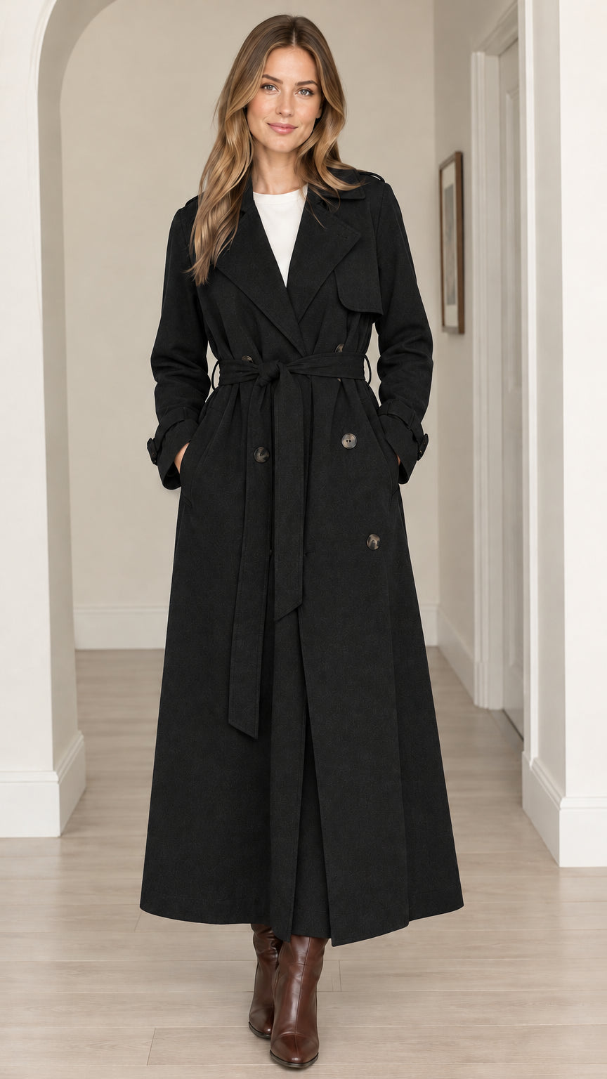 Front view of women's maxi long trench coat in black