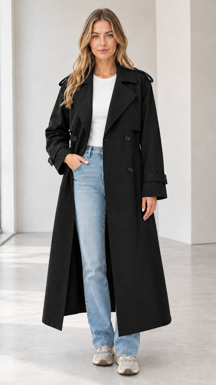 Front view of woman wearing the long black double-breasted trench coat with denim and sneakers