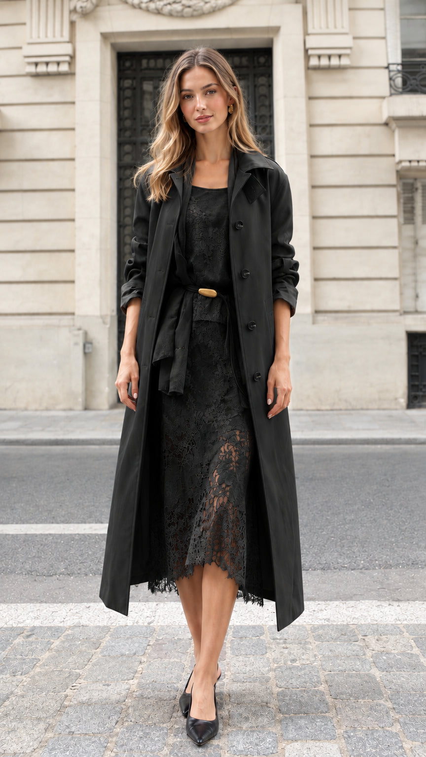 Model wearing black two-piece trench coat and matching lace midi dress set