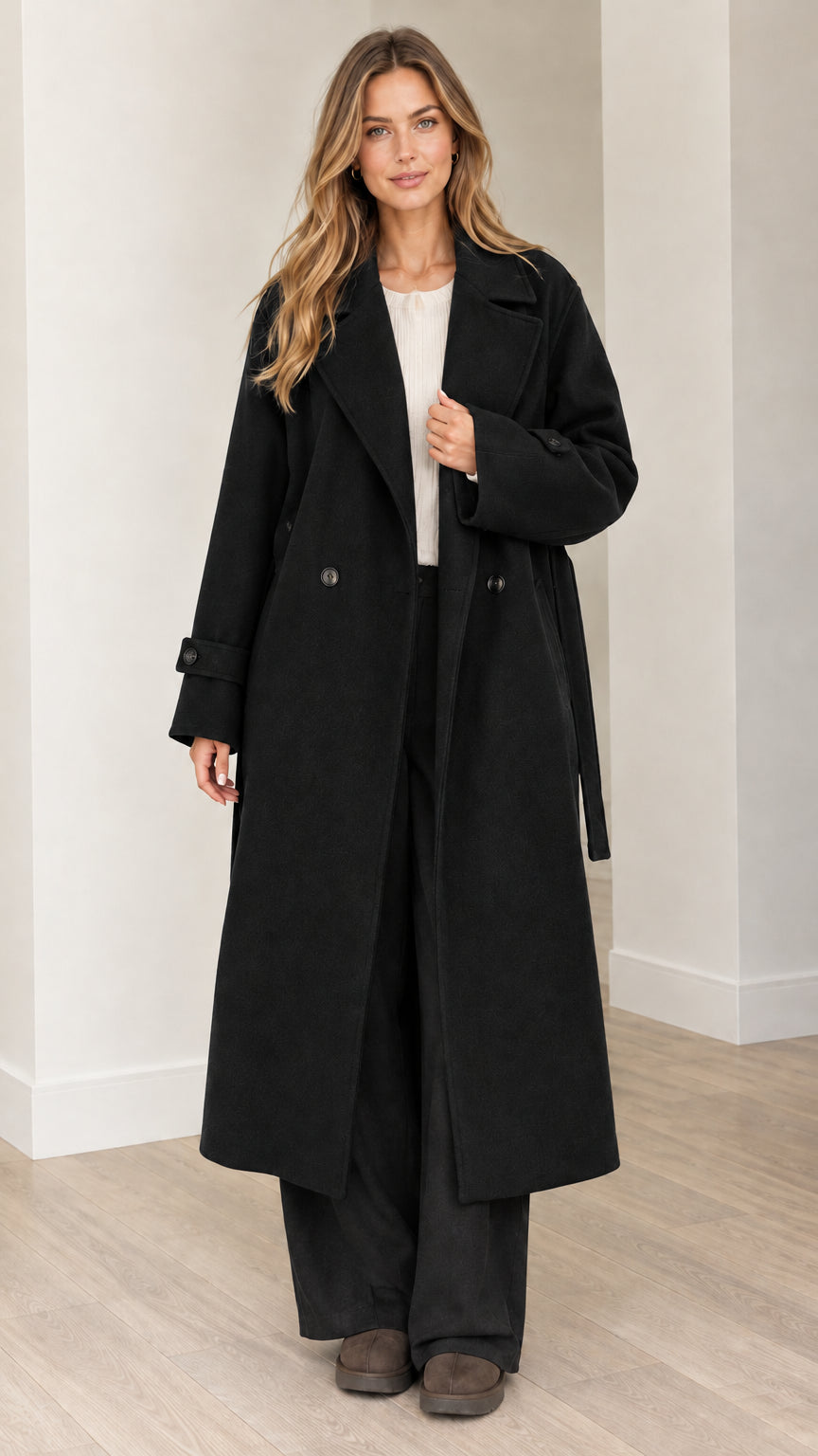 Front view of woman wearing black longline belted overcoat