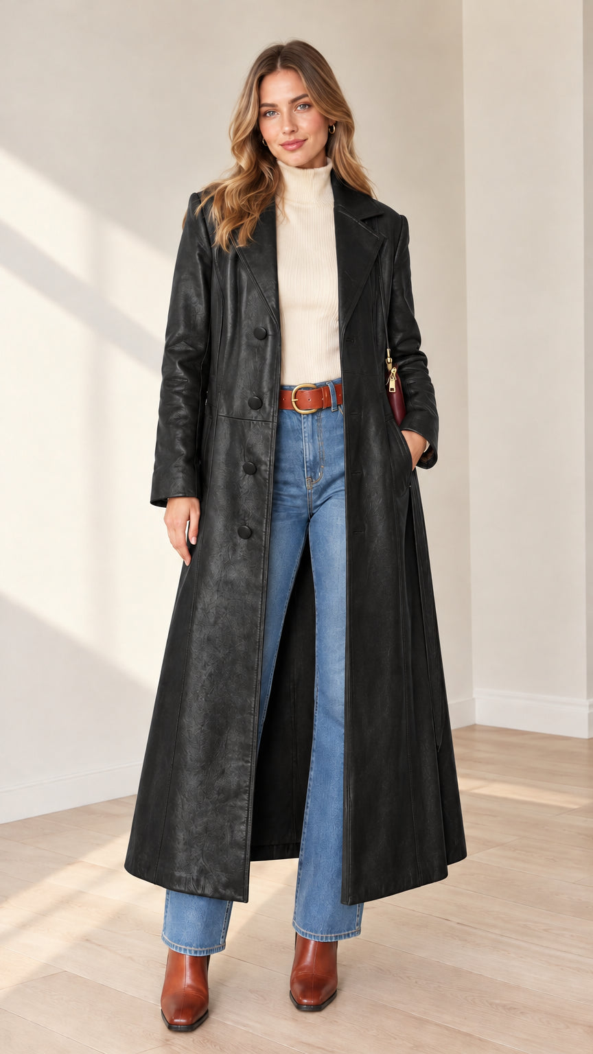 Front view of woman modeling full-length black faux leather trench coat