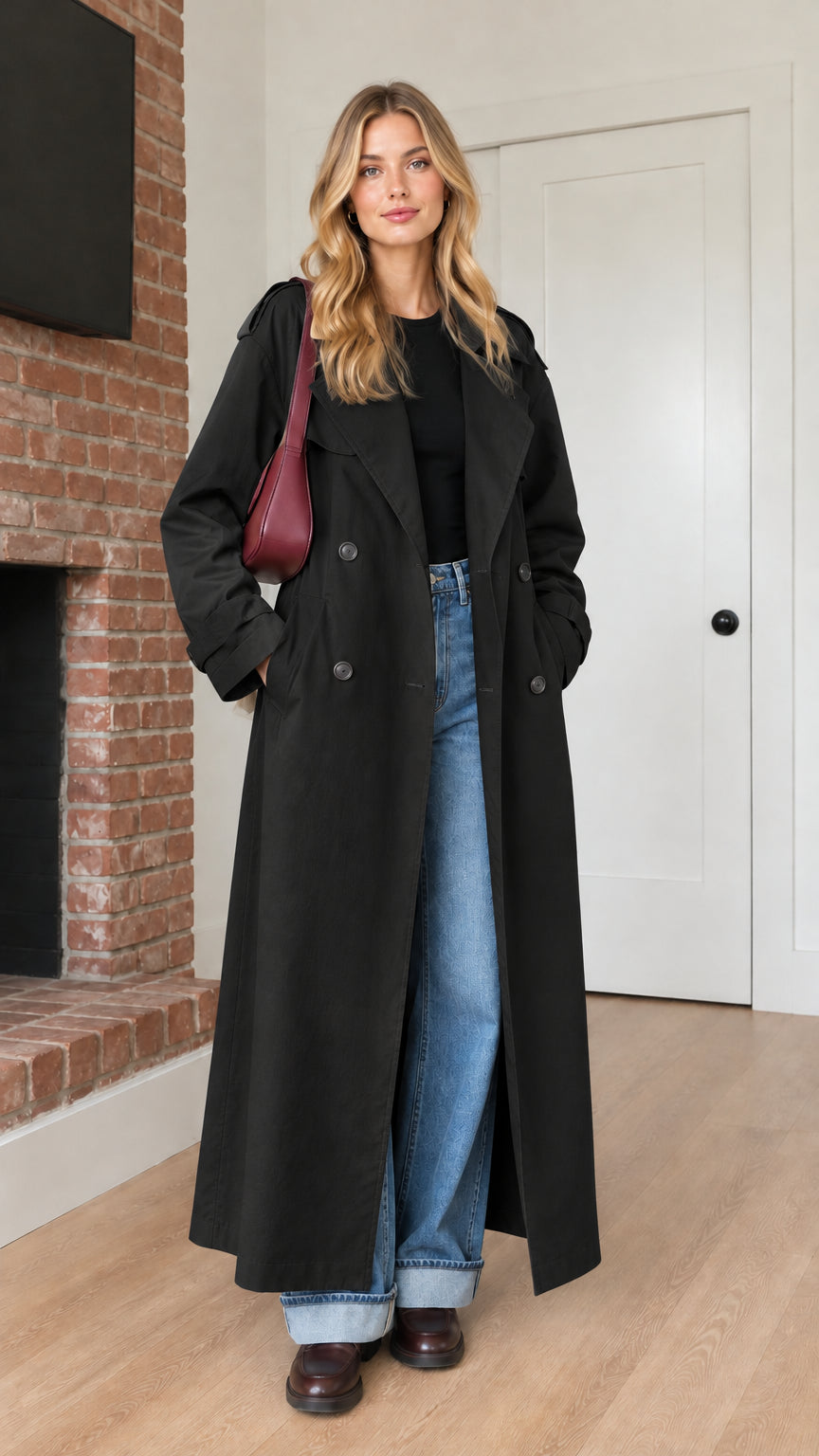 Front view of model wearing black double-breasted maxi trench coat