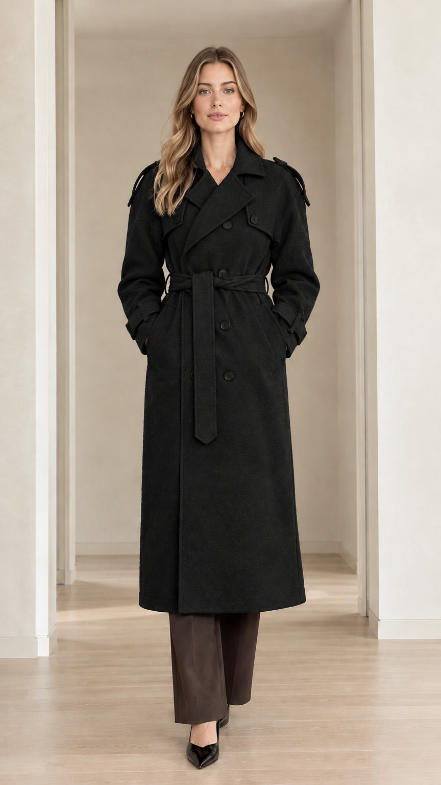 Front view of model wearing black double-breasted long trench coat