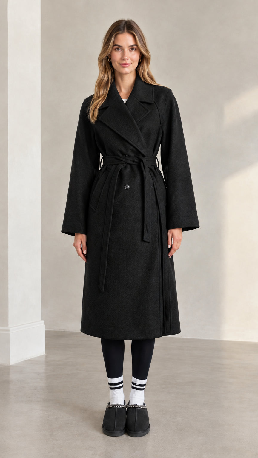 Front full view of woman wearing black longline belted trench coat