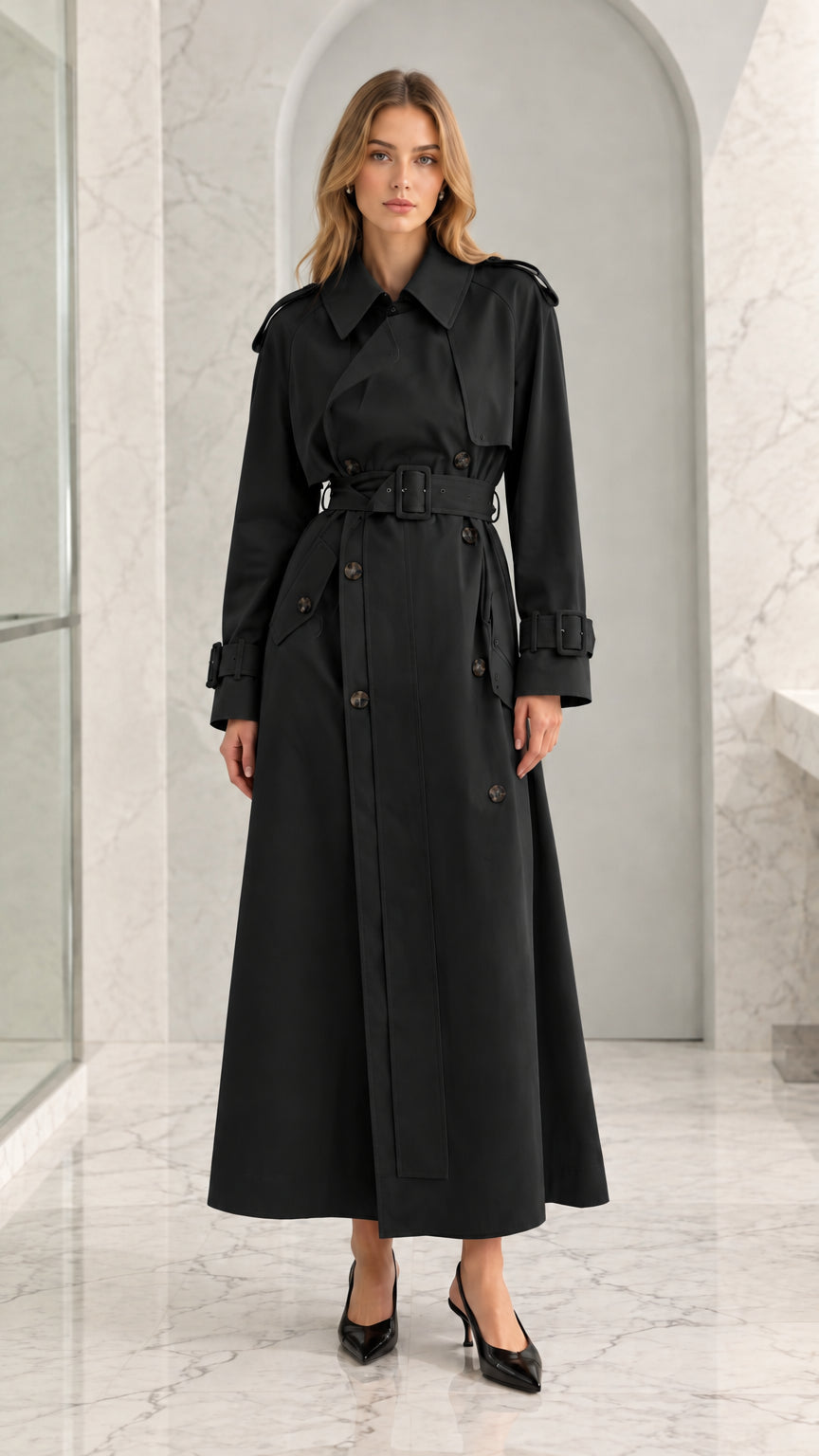 Front full-length view of woman wearing black maxi belted trench coat