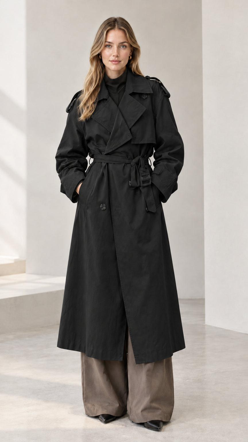 Front view of woman wearing long black double-breasted trench coat with waist belt