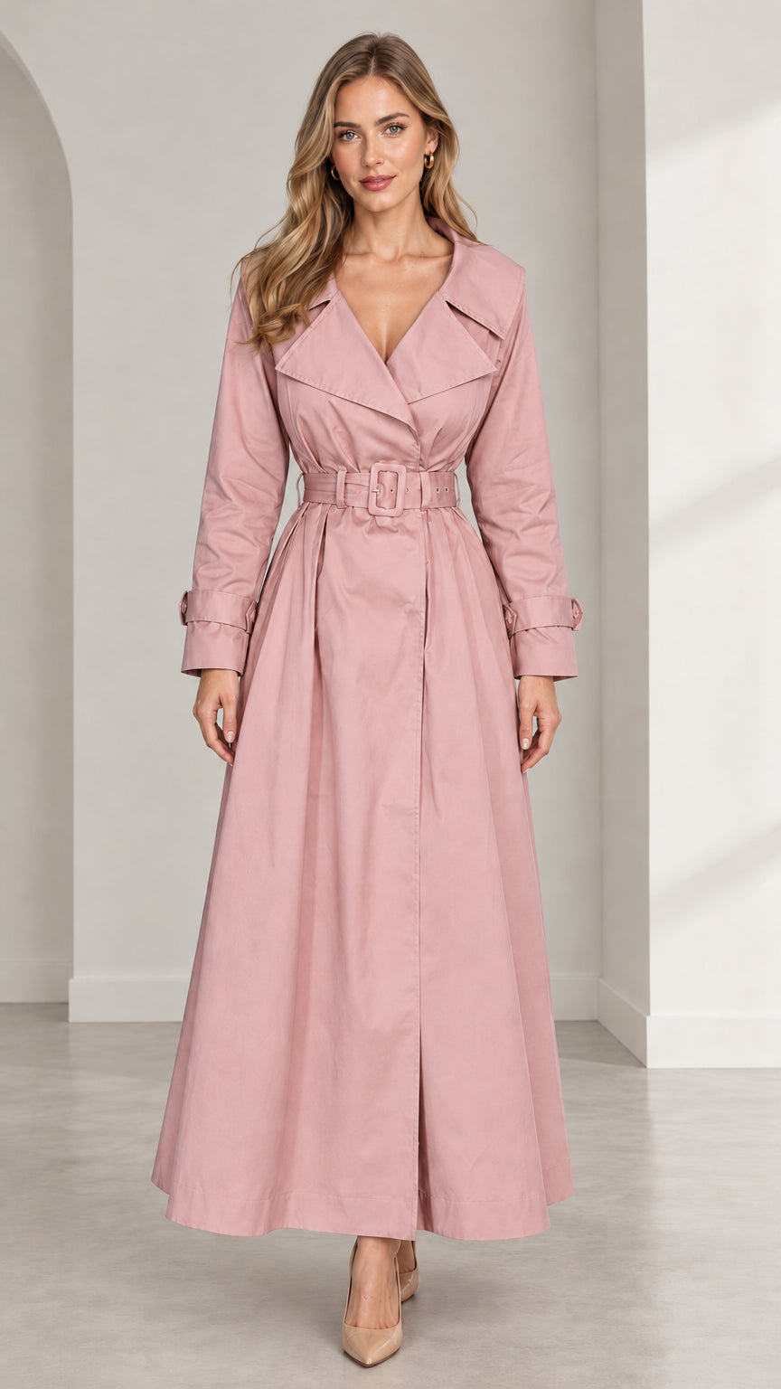 Full front view of women's dusty pink maxi belted trench coat