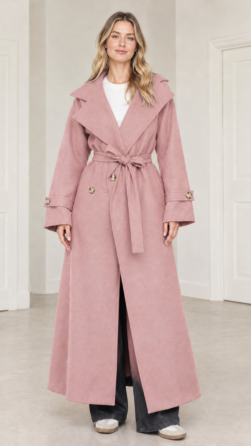 Front full-length view of woman wearing dusty pink maxi belted trench coat